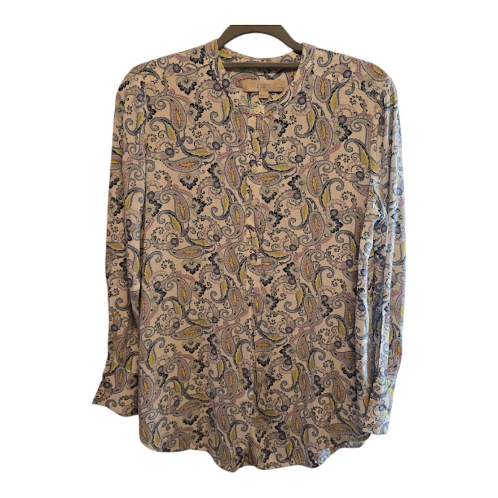 LOFT PETITES MEDIUM BLUE PAISLEY TUNIC BOHO LONG SLEEVE FRONT CUTTON CLOSURE